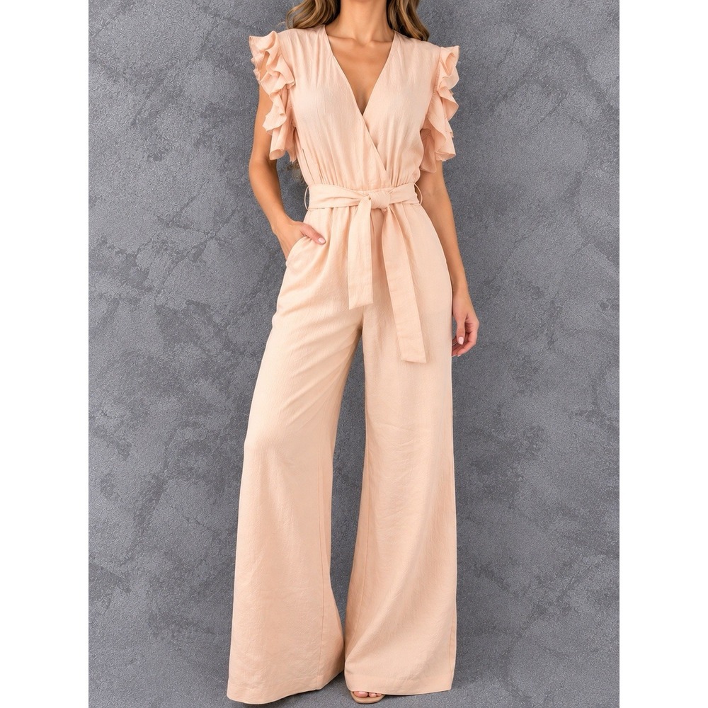 Maje Jumpsuit Womens 36 Peach Ruffle Wrap Belted Wide Leg Romantic Parisian